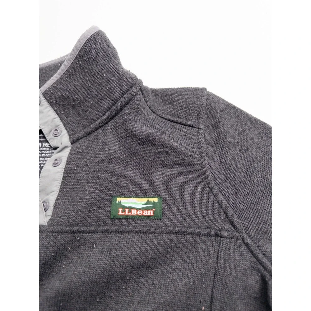 LL Bean Fleece Sweater Mens M Gray Snap Mock Neck Pockets 1/4‎ Pullover Outdoor